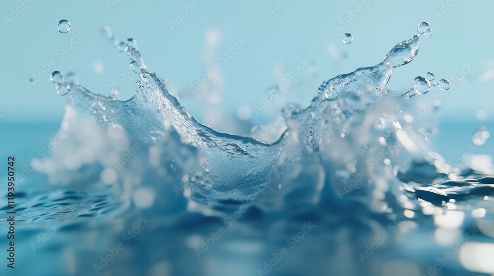 Poster An energetic water splash with dynamic droplets on a light blue backdrop, representing freshness and vitality in an artistic generative AI rendering.
