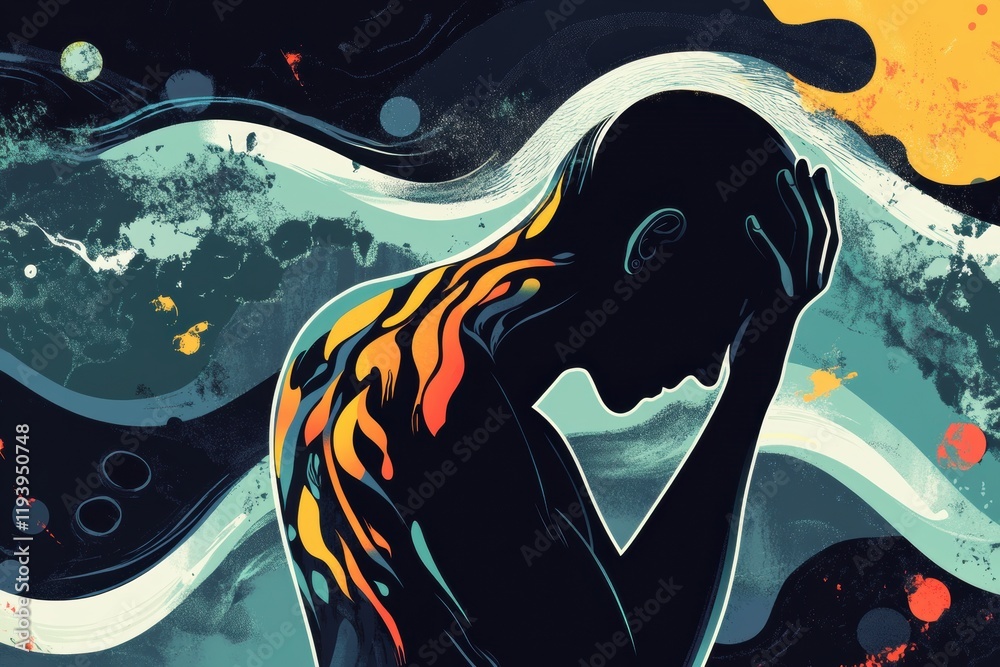 Leinwandbilder Illustration of a person in pain, holding head and back amidst abstract waves and sharp shapes representing struggle. Generative AI
