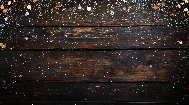 un fondo oscuro con textura de madera con chispas y destellos de confeti para tarjeta decorativa o plantilla para dise&ntilde;o