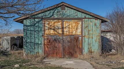 Naklejka premium An old iron door with rust and peeling paint, set in an abandoned garage, illustrating the rugged, weathered beauty of decay.