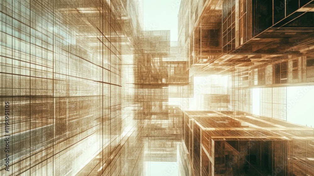 Poster an ongoing building construction process with safety nets, beams, and multi-level architecture, capt