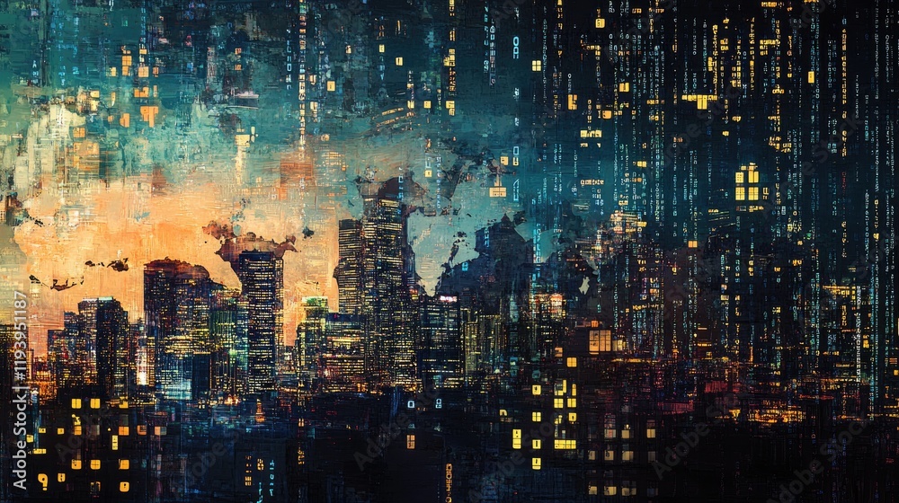 Aufkleber Binary codes overlayed on a digital world map with an urban city skyline in the background at night, symbolizing the digital age and the global flow of information