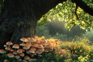 Obraz premium Cluster of mushrooms at tree base, bathed in sunlight. Ideal for nature, fantasy, or fairytale themes.
