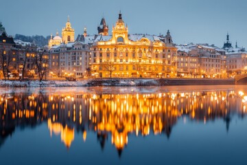 Fototapeta premium A dramatic view of Theatre Vltava at dusk, with its ornate facade glowing under warm golden lights, reflected in the nearby river