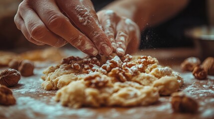 Hands add walnuts to cookie dough, kitchen baking