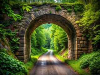 Country Road Tunnel Entrance Photography - Rustic Archway, Scenic Driveway, Natural Stone, Rural Landscape