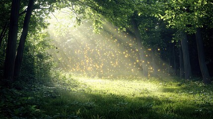 Fototapeta premium Enchanted Forest Scene with Sunlight Filtering Through Tree Canopy and Illuminating Floating Particles in a Mysterious Natural Environment