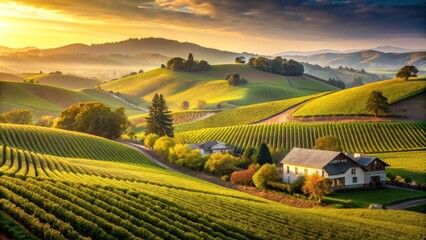 Obraz premium Golden Hour Vineyard Landscape Rolling Hills, Lush Green Vines, and a Picturesque Farmhouse at Sunset