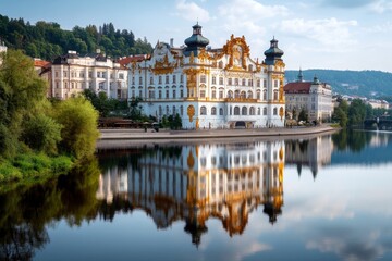 A dramatic view of Theatre Vltava at dusk, with its ornate facade glowing under warm golden lights, reflected in the nearby river