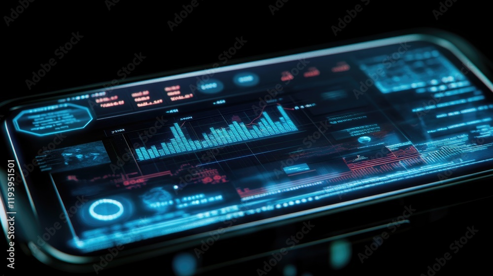 Poster Close-up of a smartphone screen showing real-time digital currency exchange with graphs and global financial data.