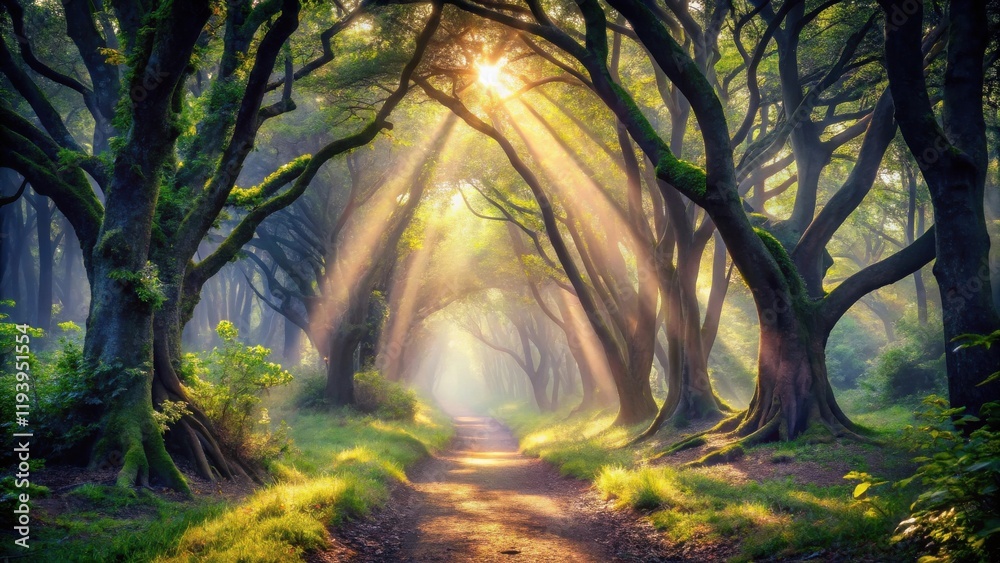 Poster Sunlit Path Through a Mystical Forest of Ancient Trees