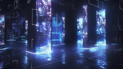 Obraz premium A futuristic digital landscape with glowing pillars and abstract visuals reflecting on a dark surface.