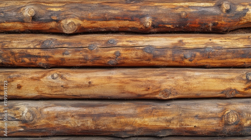 Aufkleber Close-up of stacked pine logs with visible wood grain texture, creating a rustic lumber background perfect for nature or construction themes.