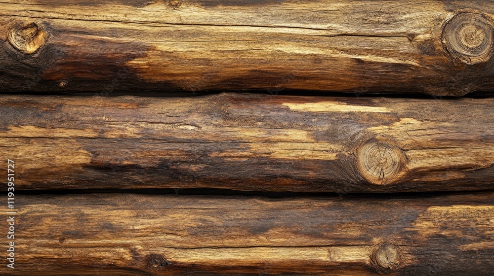 Poster Close-up of stacked pine logs with visible wood grain texture, creating a rustic lumber background perfect for nature or construction themes.
