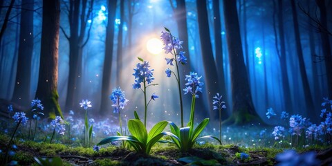 Fototapeta premium Enchanted Forest Blooms Mystical Blue Flowers Glowing in a Dreamlike Setting