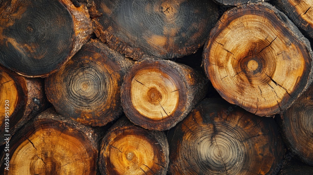 Poster close-up view of stacked pine logs in a lumber yard, showing the rich texture of the wood and the ea
