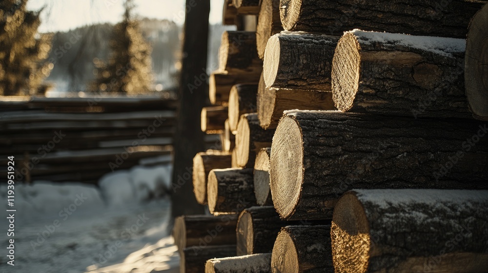 Poster close-up view of stacked pine logs in a lumber yard, showing the rich texture of the wood and the ea