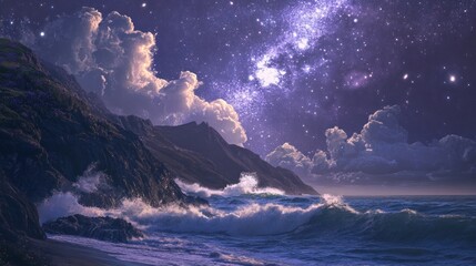 Starry Night Seascape: Majestic Cliffs and Crashing Waves Under a Galaxy of Stars
