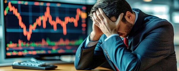 Distressed Businessman in a Suit Facing Financial Losses with Stock Market Decline on Screen During a Stressful Day in the Office