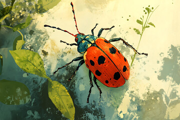 A vibrant illustration of a beetle with a striking red body and blue head on a leaf.