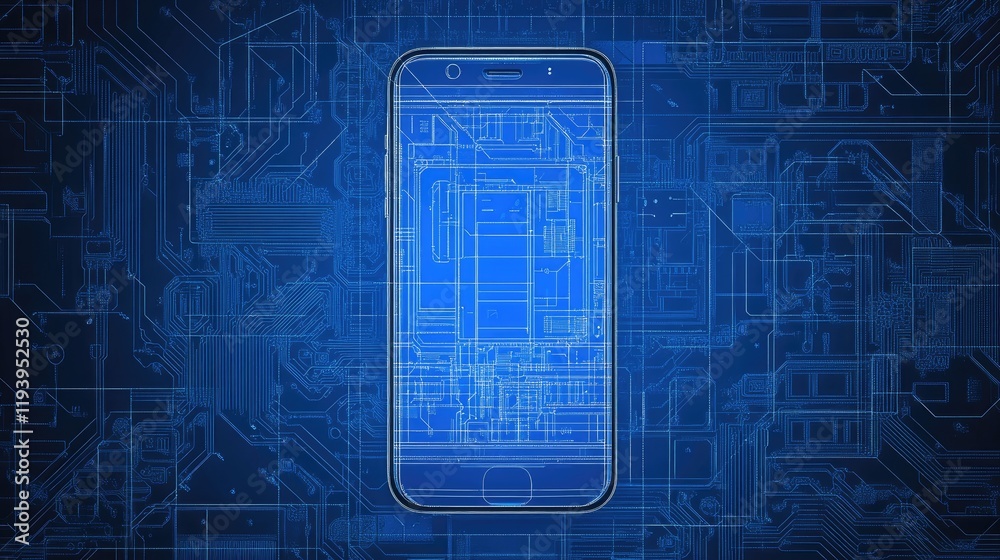 Poster Detailed blueprint of a smartphone on a circuit board, with fine lines and patterns symbolizing technical excellence and modern innovation.
