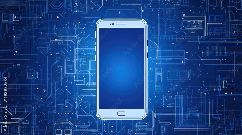 Aufkleber Detailed blueprint of a smartphone on a circuit board, with fine lines and patterns symbolizing technical excellence and modern innovation.
