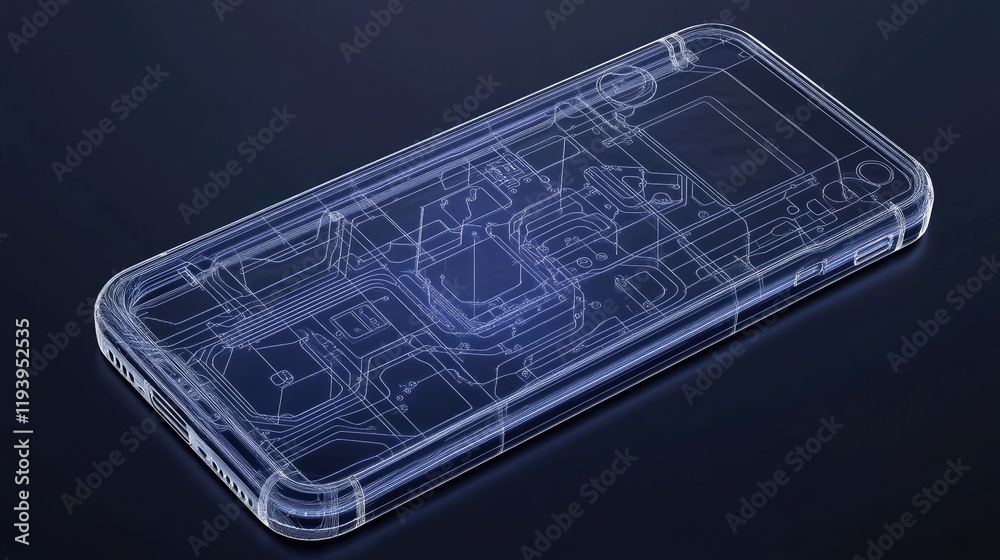 Poster Detailed blueprint of a smartphone on a circuit board, with fine lines and patterns symbolizing technical excellence and modern innovation.