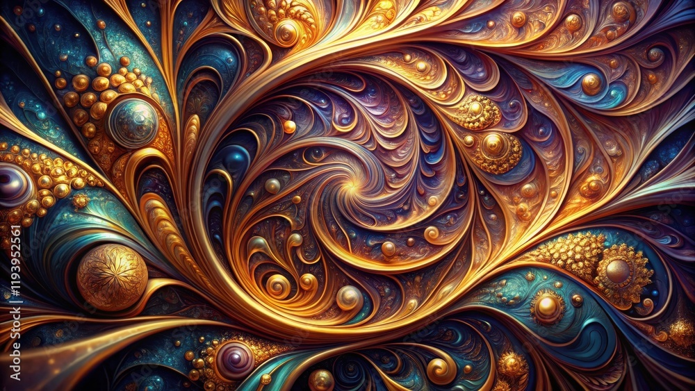 Poster abstract swirling gold and teal fractal artwork featuring ornate patterns and pearl-like spheres.