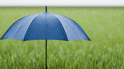 Blue umbrella in a rainy green field.