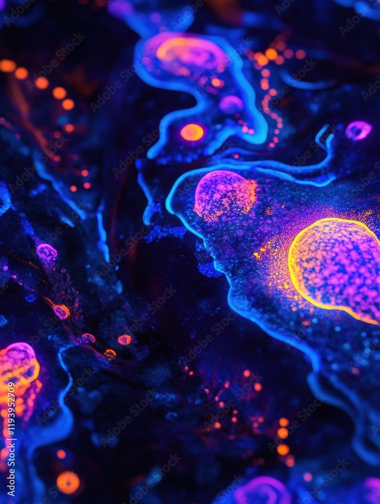 Aufkleber Glowing bacteria showcased under ultraviolet light in a dark environment creating a vibrant display of colors. Generative AI