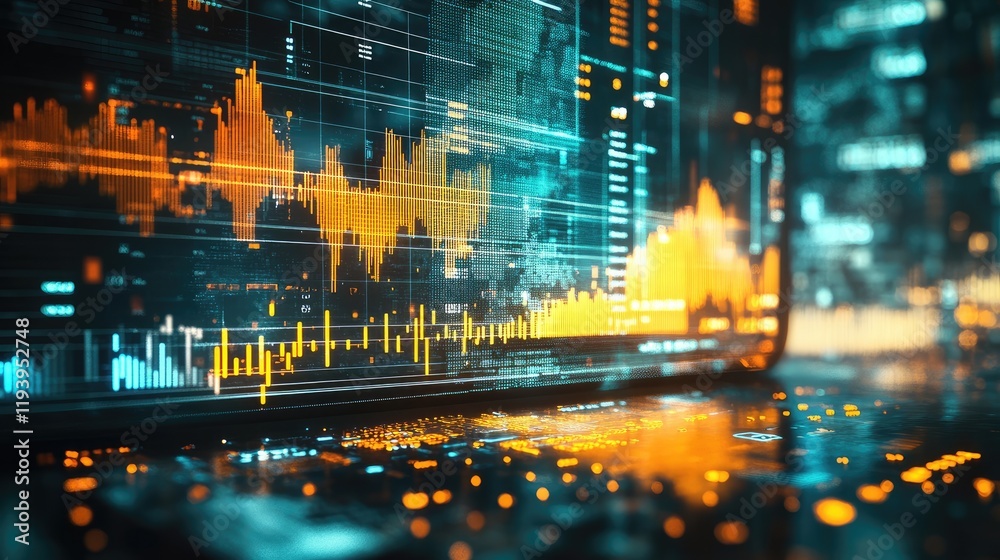 Poster digital currency exchange on a mobile device with charts and global financial symbols, illustrating 