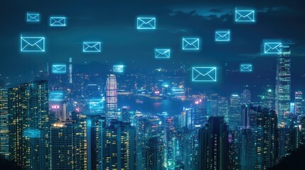 Digital email icons floating above a vibrant city skyline at night, symbolizing global communication and connectivity.