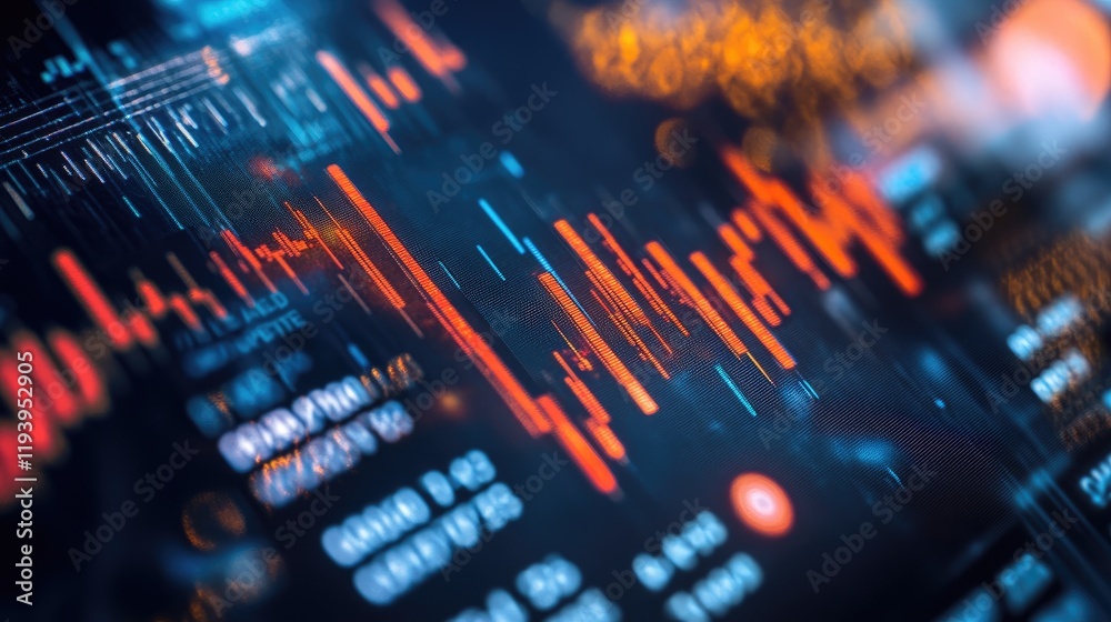 Poster digital financial data and stock market candlestick charts on a credit card, with numbers and graphs
