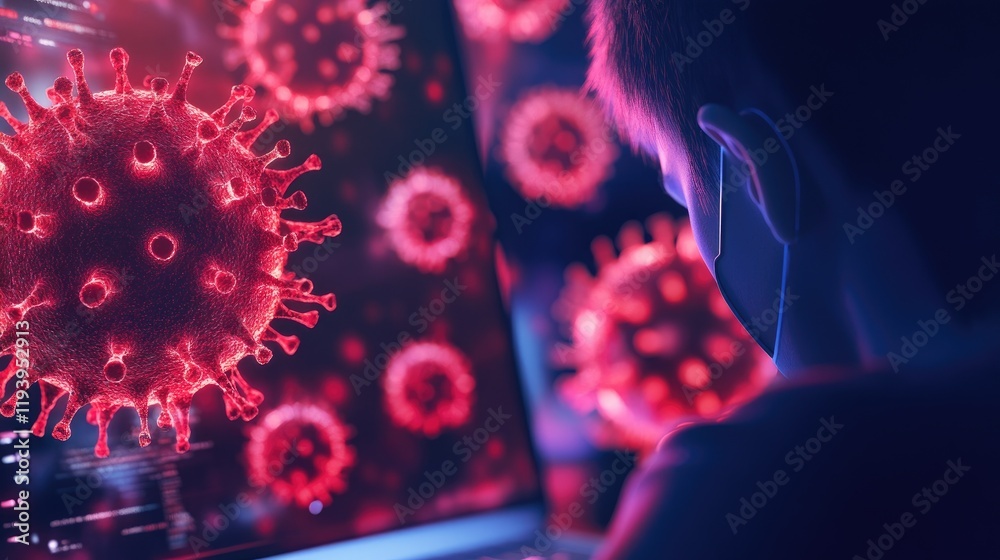 Aufkleber digital error and virus alert on a laptop screen, with a person in the foreground, illustrating cybe