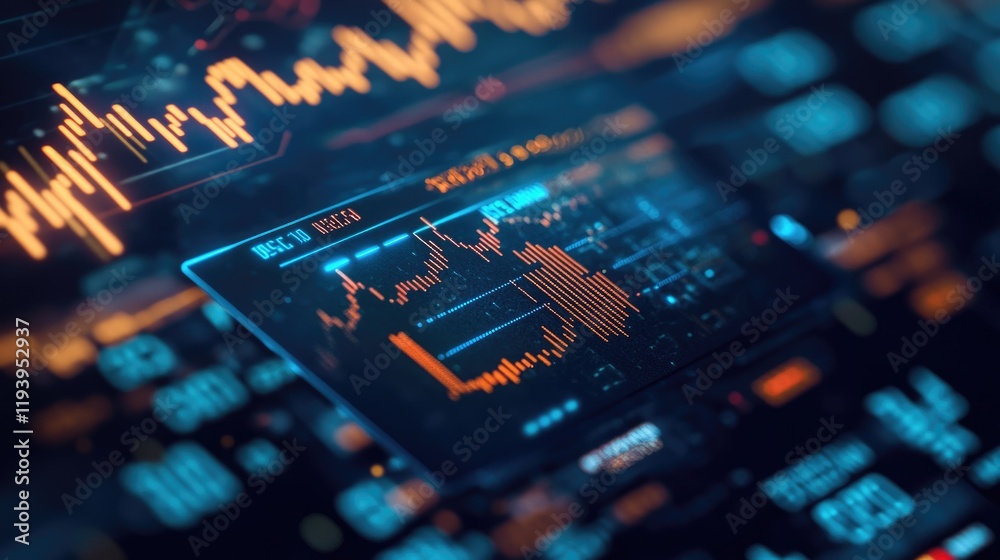 Aufkleber Digital financial data and stock market candlestick charts on a credit card, with numbers and graphs displayed, representing the future of financial transactions