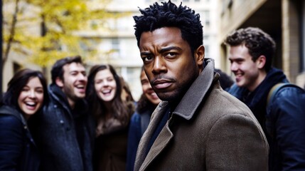 Obraz premium A group of cheerful friends enjoying a fun moment outdoors with a serious man in the foreground showcasing contrasting emotions in an urban setting