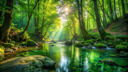 Serene sunlit stream flowing through a lush, moss-covered forest with vibrant green foliage and crystalline water