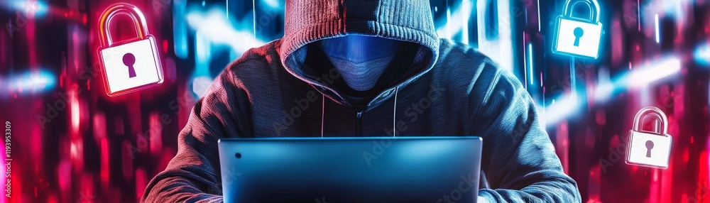 Poster mysterious hacker anonymously engaged in cybercrime with computer in dimly lit digital environment