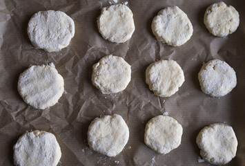 Blanks for cookies on baking paper. Photographed from above.