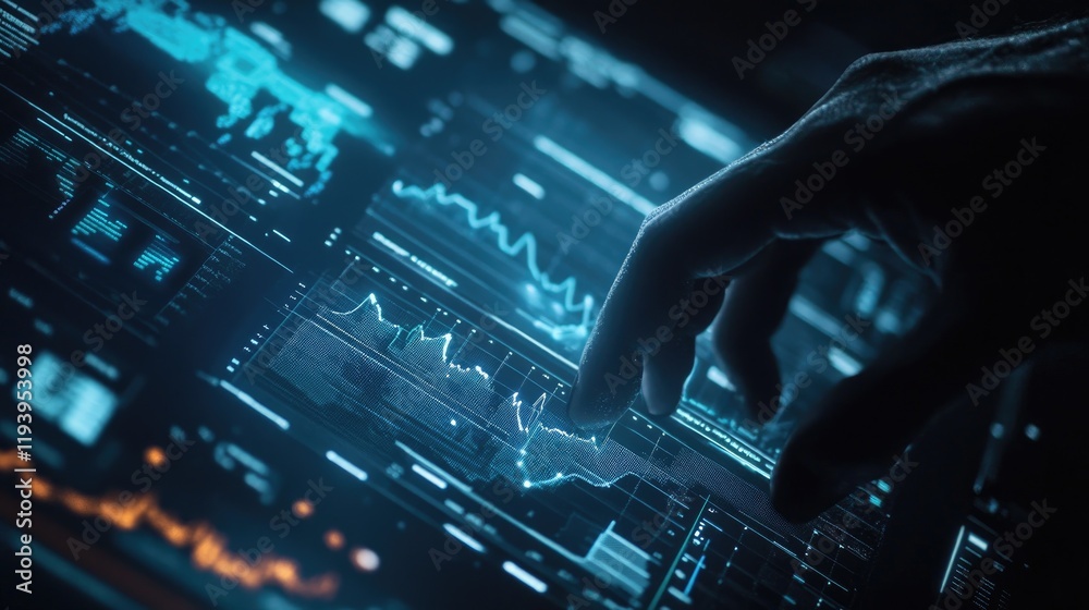 Aufkleber futuristic digital screen displaying financial data and stock market graphs, with a hand interacting