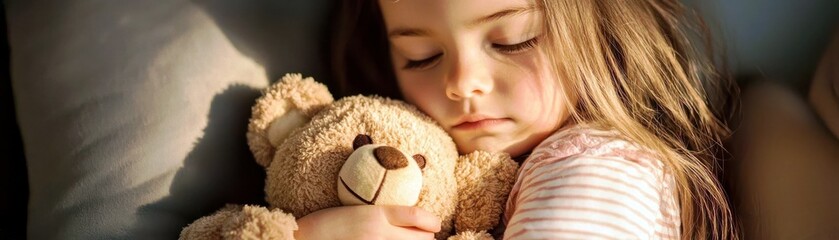 A young child peacefully sleeping with a soft teddy bear in her arms, showcasing innocence and comfort in a cozy bedroom setting with soft lighting.