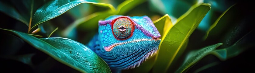 Fototapeta premium Colorful chameleon perched among vibrant green leaves, showcasing intricate patterns and textures in nature's lush environment