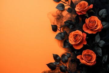 Orange roses with black leaves on orange backdrop. Perfect for Halloween, autumn, or gothic themed designs.