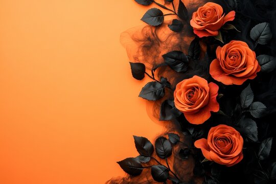 Orange roses with black leaves on orange backdrop. Perfect for Halloween, autumn, or gothic themed designs.