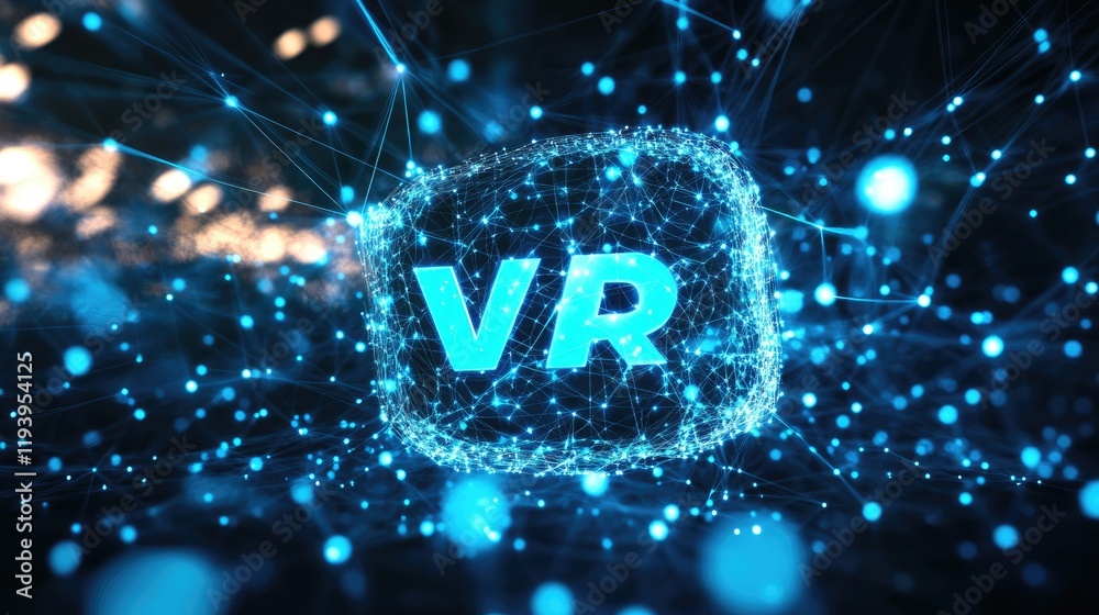Aufkleber Glowing VR text in blue dots with network-like connections on a dark background, symbolizing virtual reality and digital connectivity in modern technology