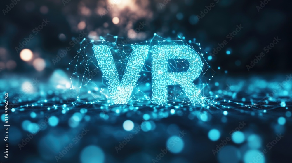 Aufkleber Glowing VR text in blue dots with network-like connections on a dark background, symbolizing virtual reality and digital connectivity in modern technology