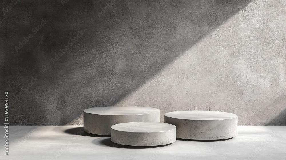 Aufkleber group of minimalistic concrete podiums arranged on a simple gray background, ideal for product displ