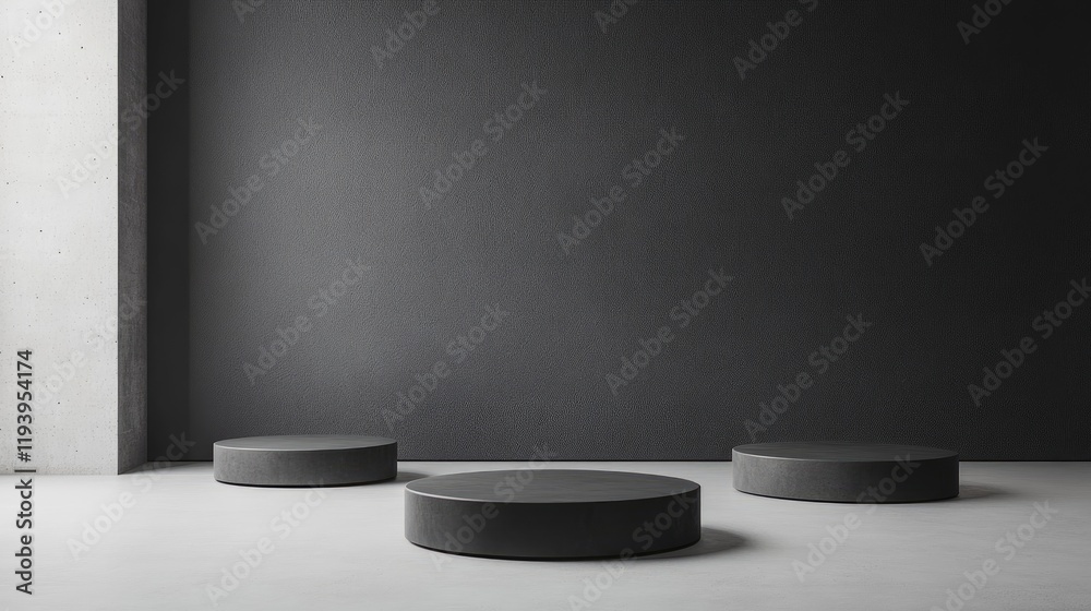 Aufkleber Group of minimalistic concrete podiums arranged on a simple gray background, ideal for product display in a clean, empty space.