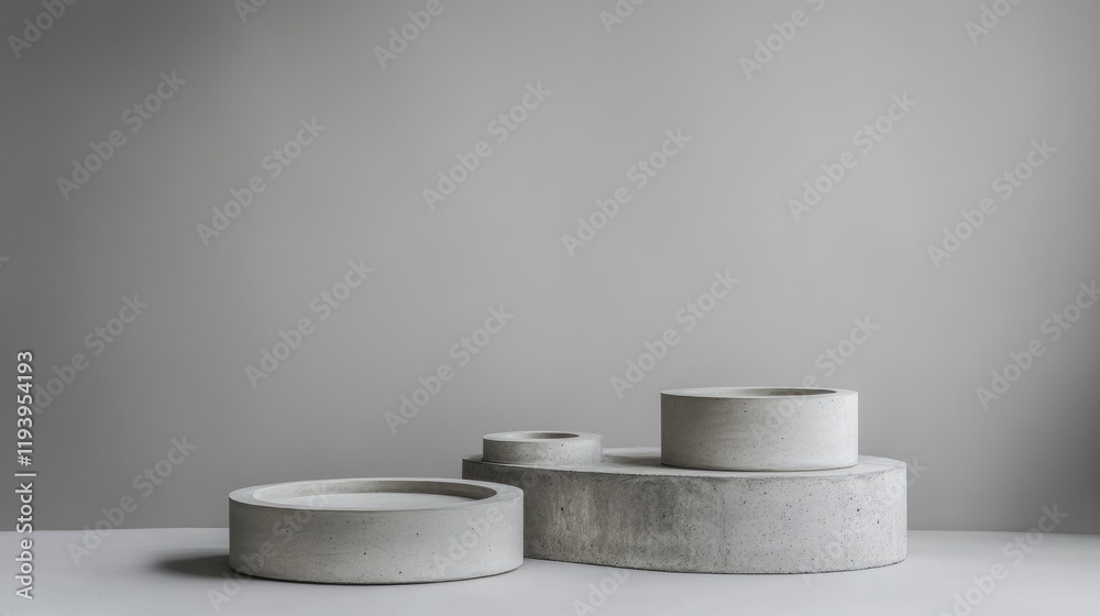 Poster Group of minimalistic concrete podiums arranged on a simple gray background, ideal for product display in a clean, empty space.