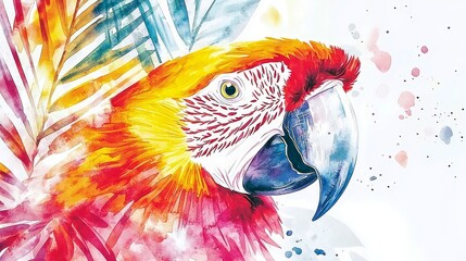 Naklejka premium Vibrant and Colorful Mixed Media Artwork of a Parrot Surrounded by Tropical Leaves in a Watercolor Style